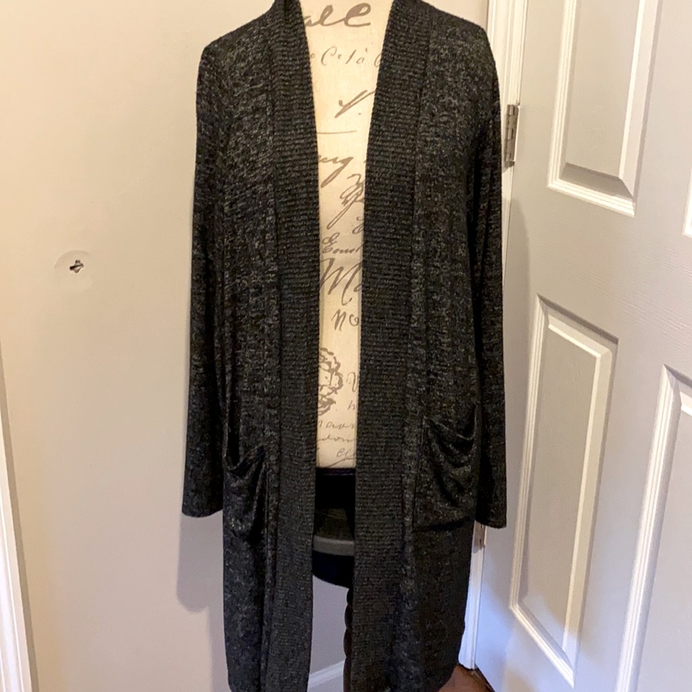 Black and grey open front long cardigan with pockets